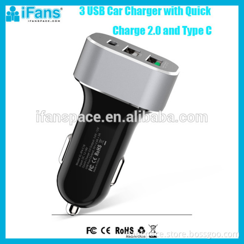 Alibaba Supplier 12V Car Battery Charger 3 USB Car Charger QC Quick 3.0 with USB C for iPhone and Tablets